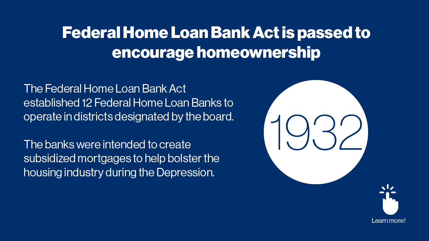 1932	Federal Home Loan Bank Act	"Established the Federal Home Loan Bank System by creating the Federal Home Loan Bank Board, which was directed to establish up to 12 Federal Home Loan Banks to operate in districts designated by the Board
