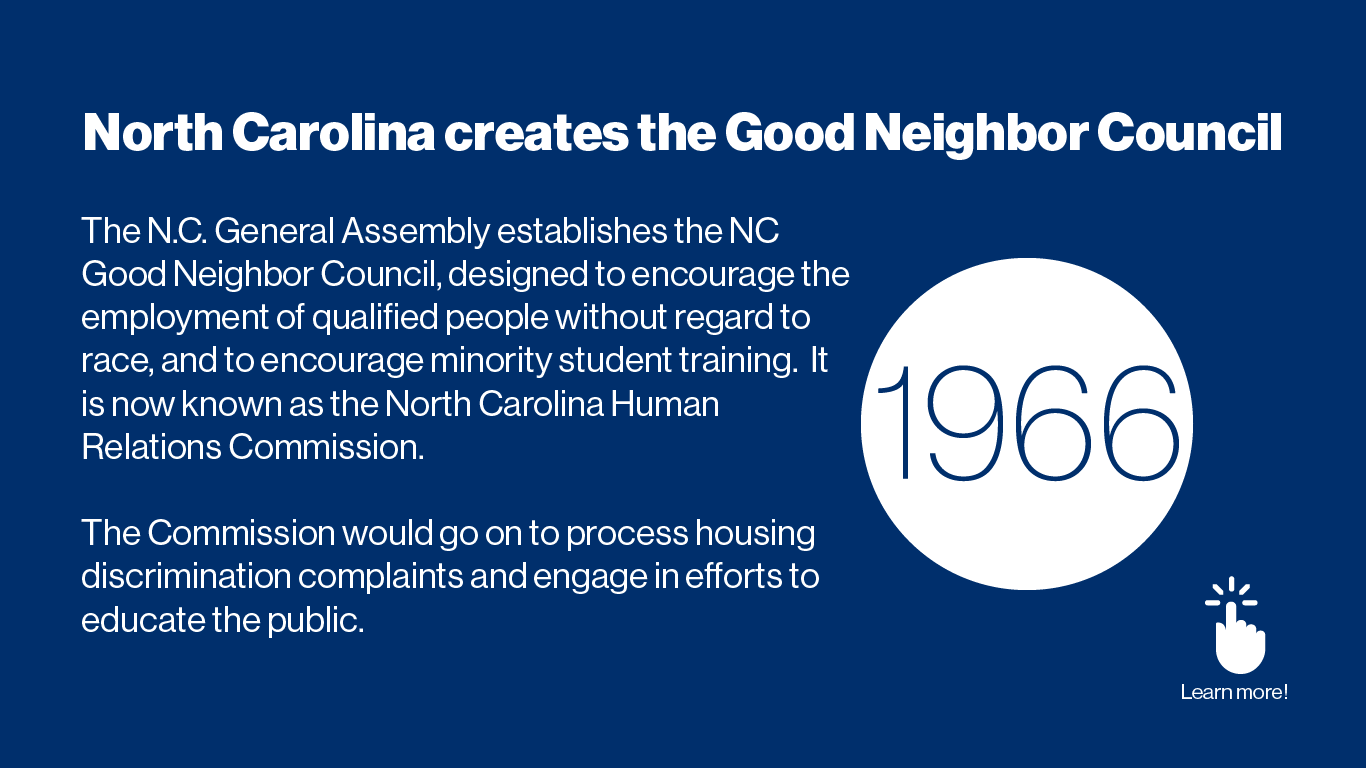 1966	NC General Assembly passes NC Good Neighbor Council as a state agency, now the North Carolina Human Relations Commission