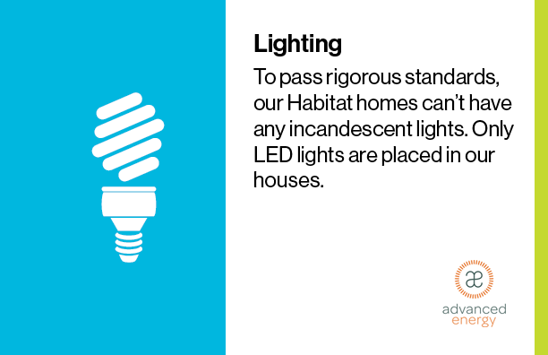 To pass rigorous standards, our Habitat homes can’t have any incandescent lights. Only LED lights are placed in our houses.