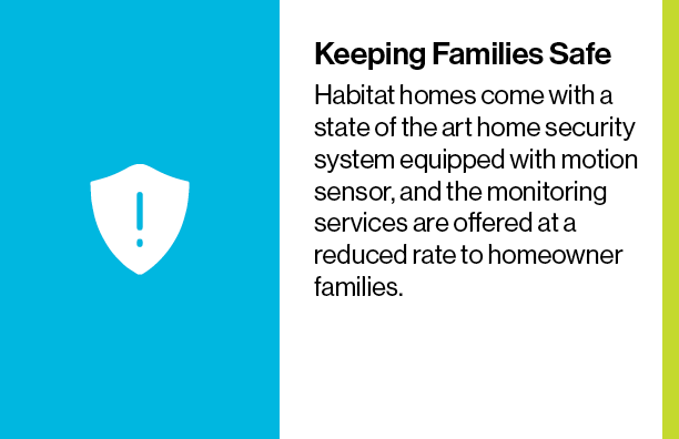 Habitat homes come with a state of the art home security system equipped with motion sensor, and the monitoring services are offered at a reduced rate to homeowner families.