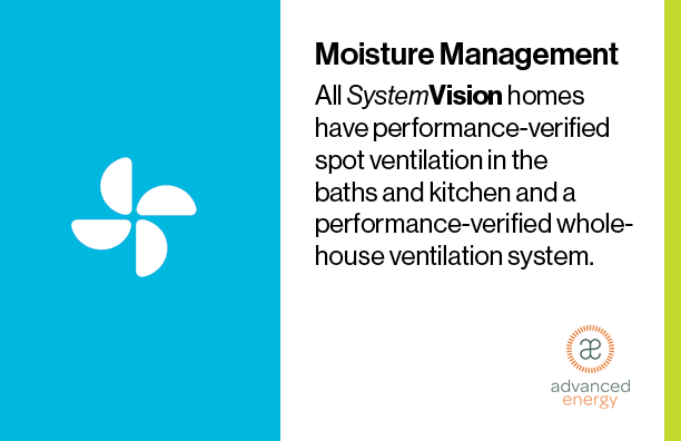All SystemVision homes have performance-verified spot ventilation in the baths and kitchen and a performance-verified whole-house ventilation system.