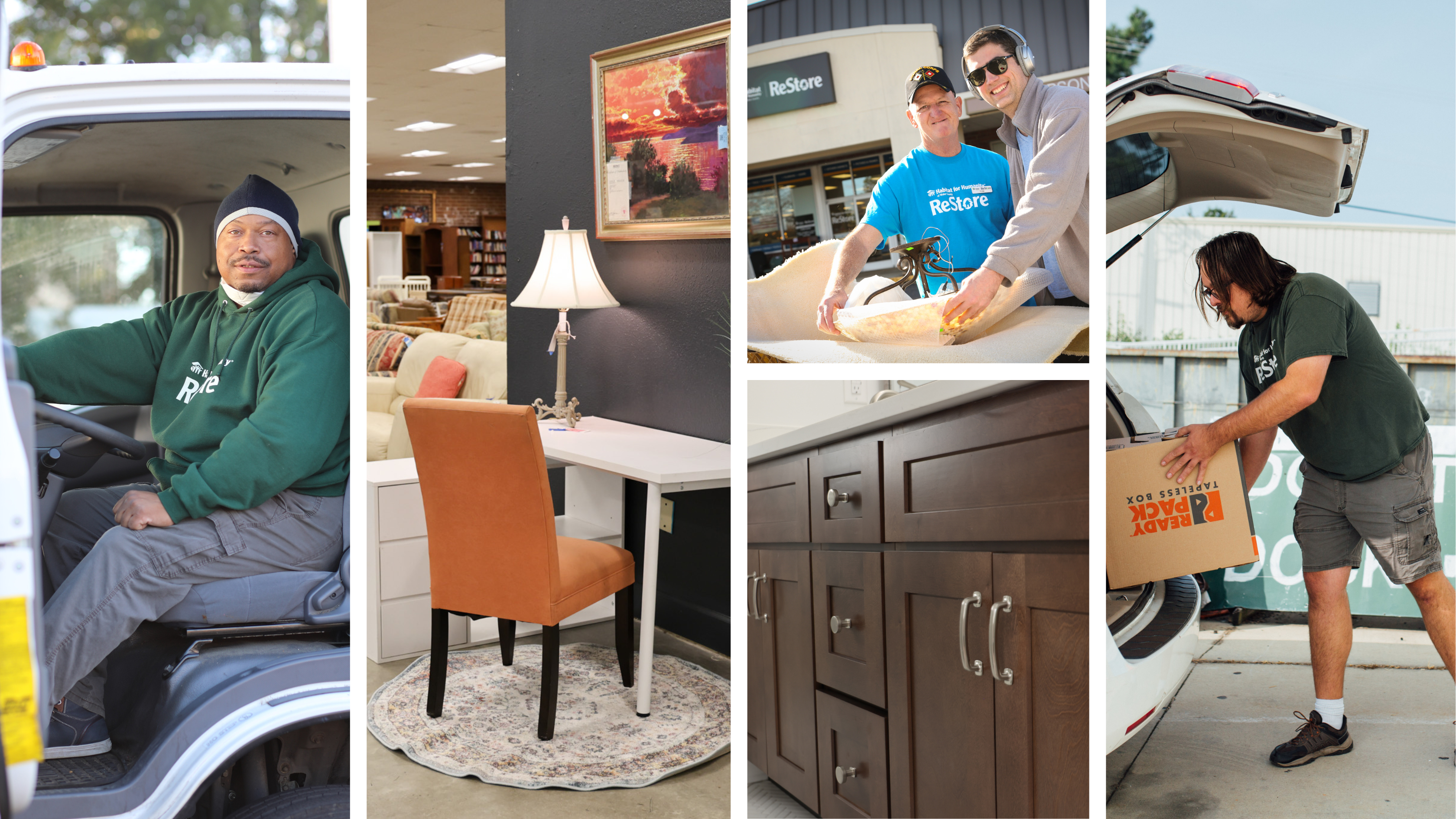 Photos of people volunteering, donating and shopping at the ReStore