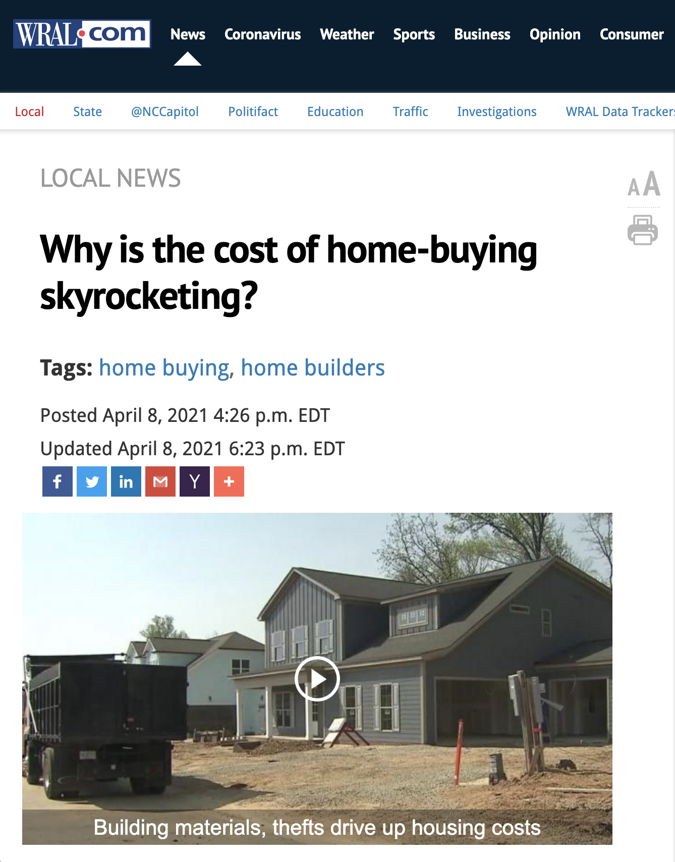 A headline from WRAL reads,"Why is the cost of home-buying skyrocketing?"