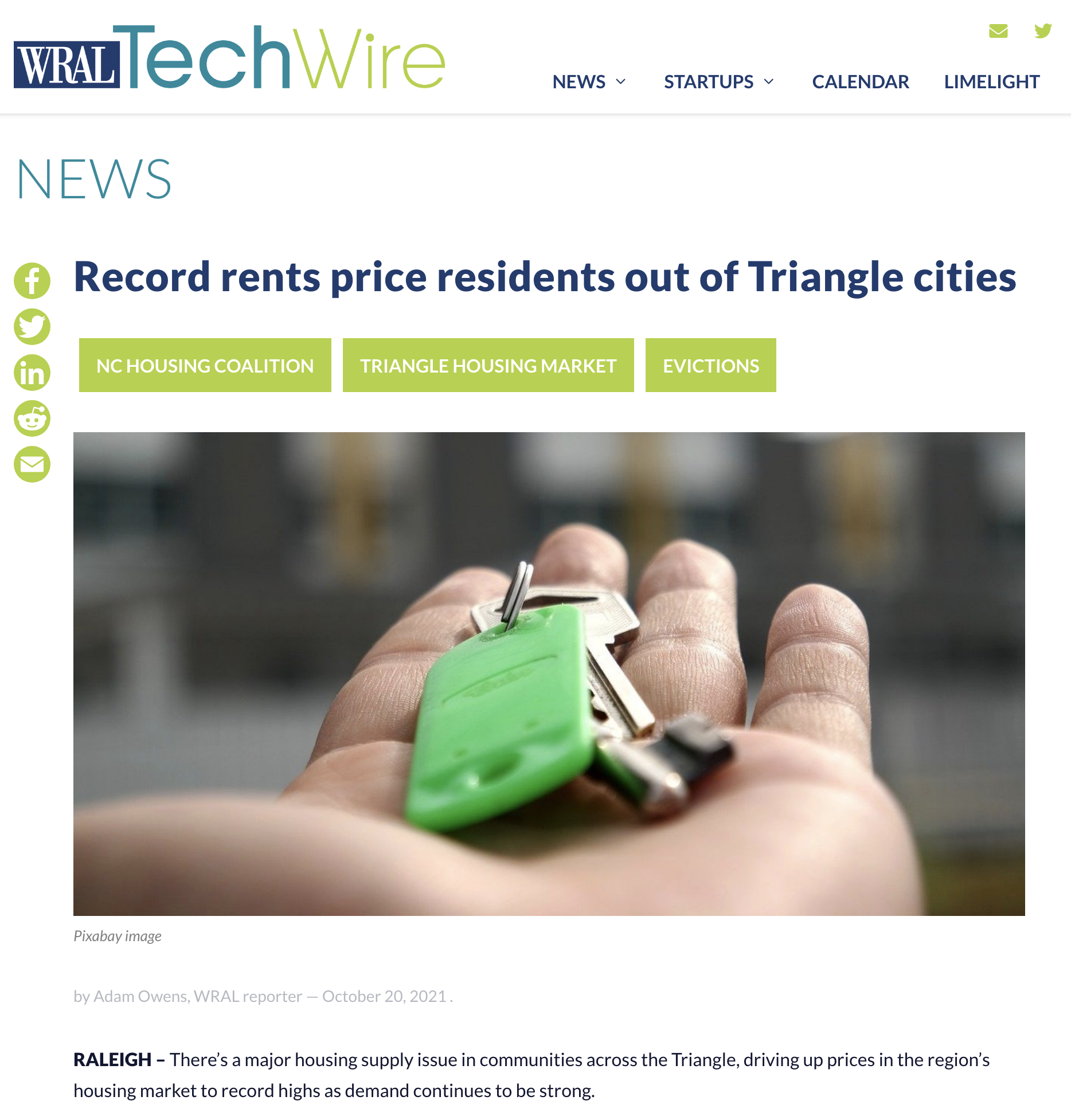 A headline from WRAL Tech Wire reads,"Record rents price residents out of Triangle cities"