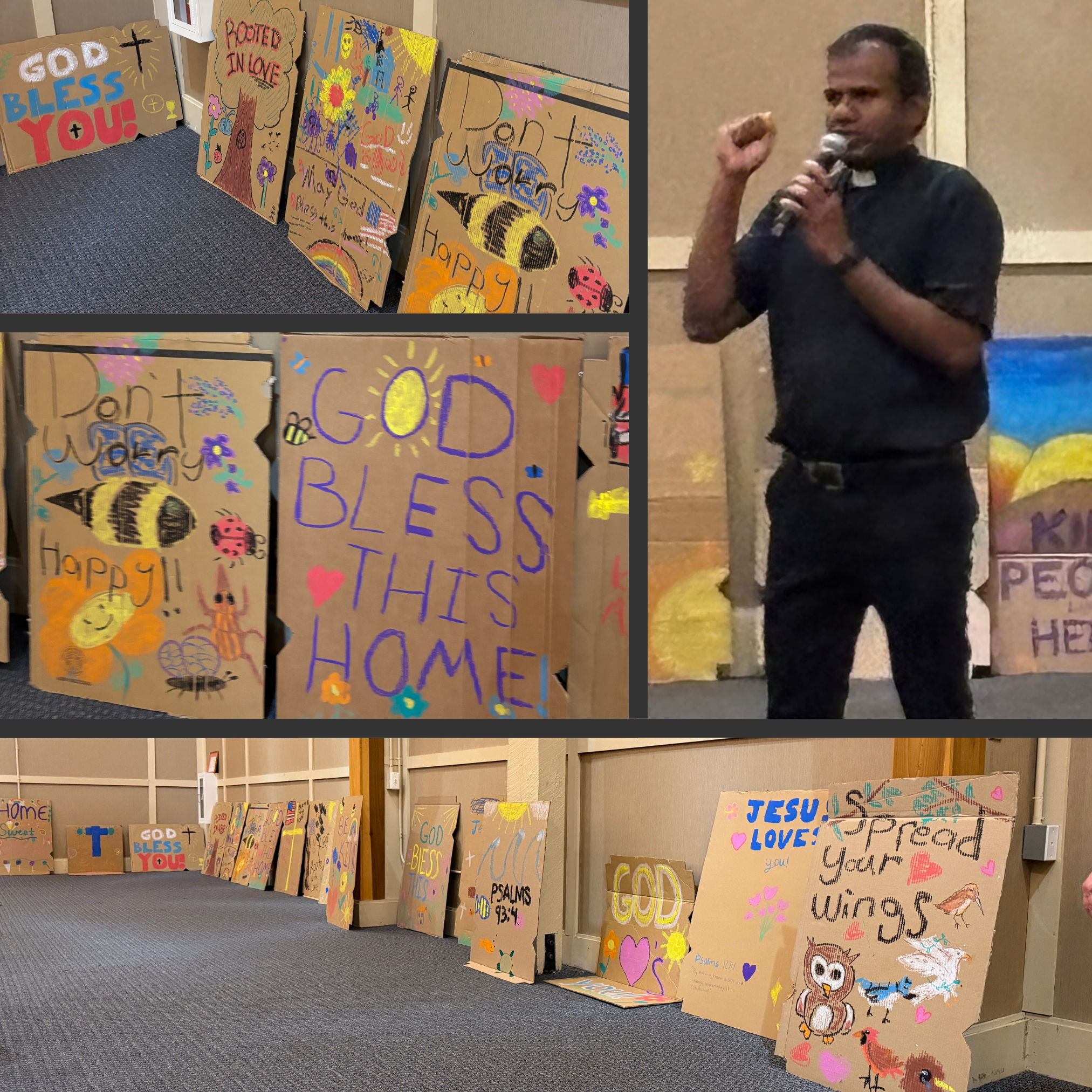 Fr. James blesses baffles painted by youth at St. Francis