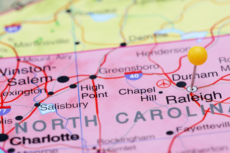map of North Carolina with Raleigh pinned
