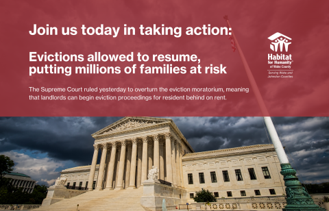 Supreme Court building with text that says Join us today in taking action: Evictions allowed to resume, putting millions of families at risk