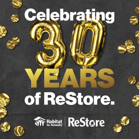 A 3 and 0 in the form of gold balloons with words years of ReStore.