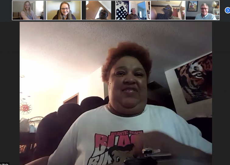 Homebuyer Nancy on a zoom call with the faith group working on her house